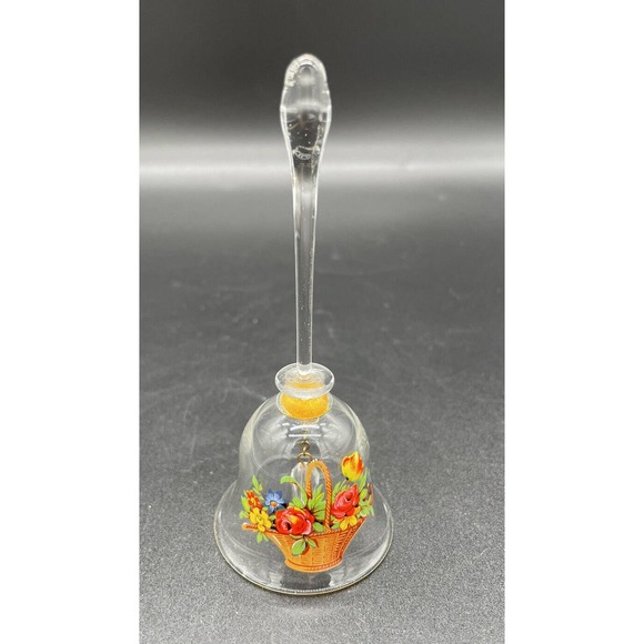 Vintage Clear Blown Glass Bell with Flowers Hand Painted Flowers In Basket - Picture 1 of 7